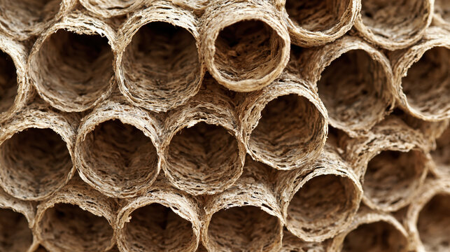 Close up macro texture of an empty papery wasp nest with circular cells