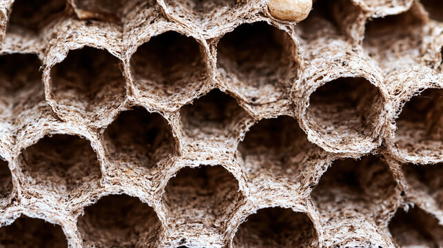 Close up macro texture of a dried paper wasp nest showing intricate hexagonal cells