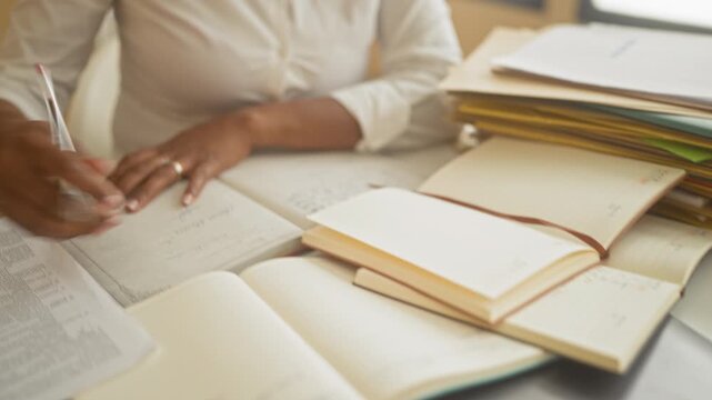 Woman writing in notebook at desk in building amid stacks of papers and books; concentration productivity.