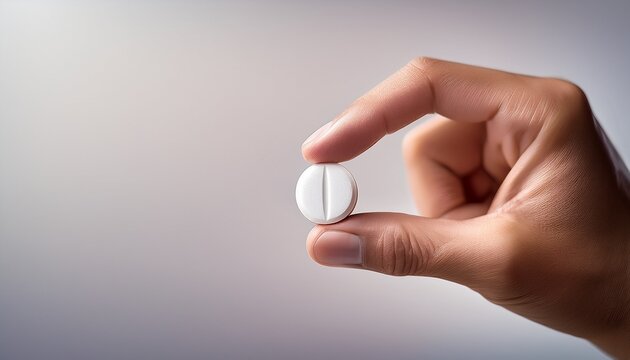 hand holding a white pill against a neutral background