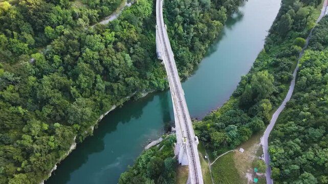 Aerial view of historic Solkan arch railway bridge on Soca river, Slovenia