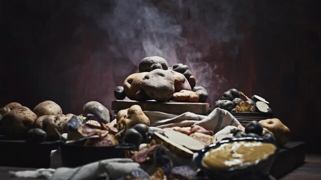 Assorted native Peruvian potatoes in a rustic setting.