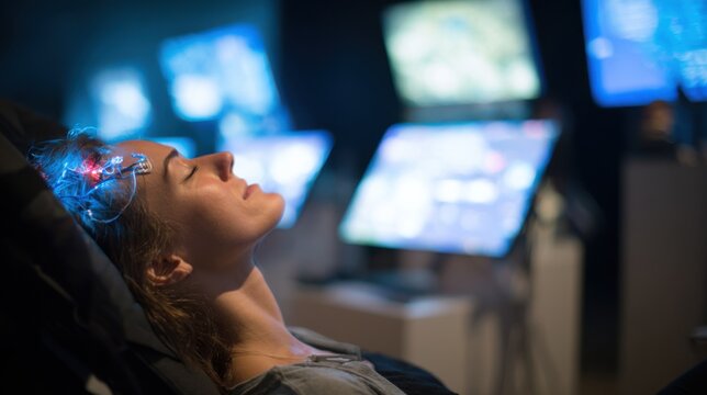 Reclined individual engaging with breathing biofeedback station wearable sensors highlighted clearly against softly blurred monitors.
