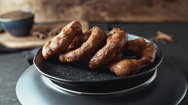 Traditional Peruvian picarones with sweet chancaca syrup drizzle.