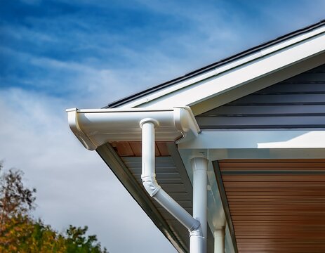 architectural view of modern contemporary building featuring rain gutter system with white pvc gutter and downspout supported by steel frame structure reflecting construction quality and design
