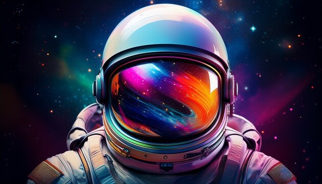 astronaut helmet reflecting colorful galaxy in outer space