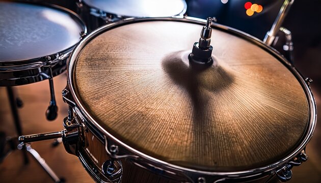 close up view of drum head with metal hardware and wood shell