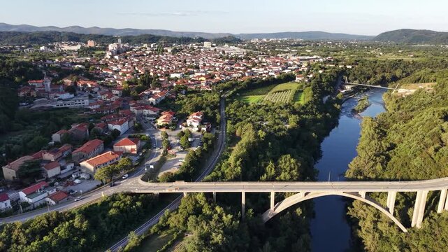 Flight over Solkan road bridge crossing Soca river, Slovenia