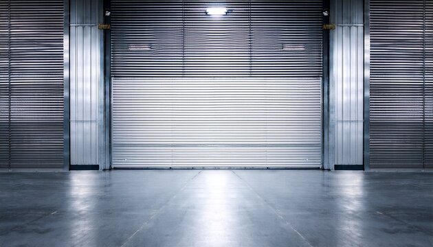 roller door or roller shutter inside factory warehouse or industrial building modern interior design with polished concrete floor and empty space for product display or industry background