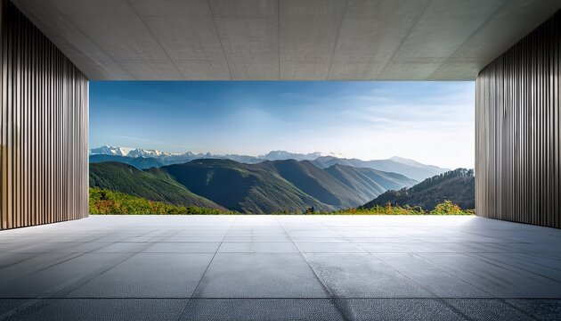 sleek contemporary interior opens to stunning mountain vista through wide architectural frame clean concrete floor and empty copy space create perfect backdrop for auto background product display