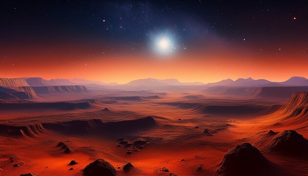 stunning view of mars surface with starry sky and sunlit horizon