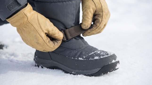 Close up of gloved hands tightening the strap on a grey winter snow boot in the snow