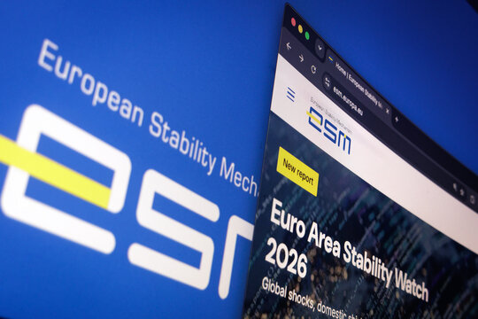 Raleigh, North Carolina - August 4, 2026: Close-up of a computer screen showing the European Stability Mechanism ESM website and large blue logo in the background.