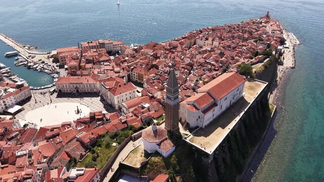 Aerial view of Old Town peninsula coastline in Piran city, Slovenia