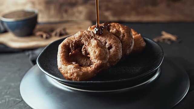 Traditional Peruvian picarones with sweet chancaca syrup drizzle.