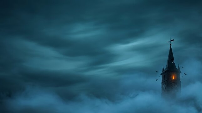Halloween copy space background featuring spooky clock tower under overcast dark sky with mist