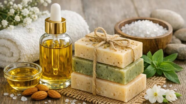 A variety of handcrafted soaps displayed on a rustic table, with essential oils and dried flowers in the background.