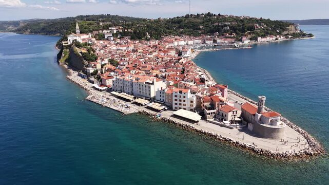 Bird's-eye view of Piran Old Town peninsula on Adriatic coast, Slovenia