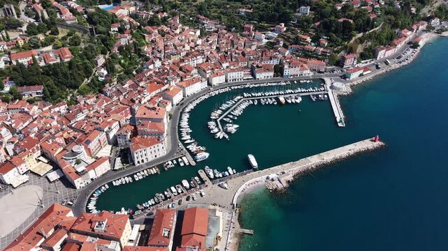 Drone view of port harbor and marina in Piran town, Slovenia