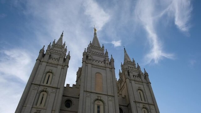 Looking up the facade of the LDS Temple in Temple Square, Salt Lake City, UT. Headquarters of the Church of Jesus Christ of Latter-Day Saint, aka LDS and Mormons.  Gothic architecture completed 1893.
