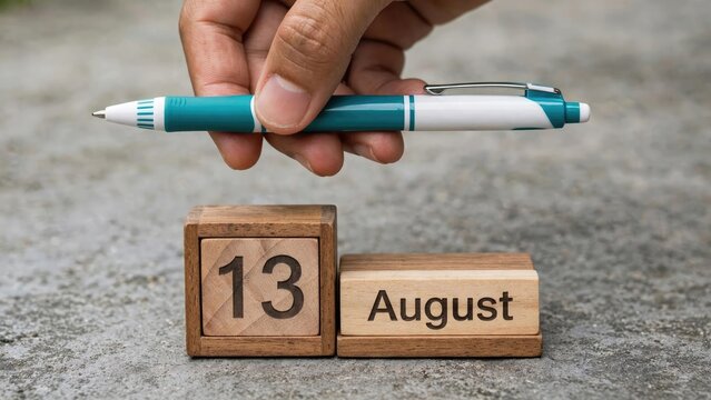 Hand Marking August 13th Date on Wooden Calendar Blocks