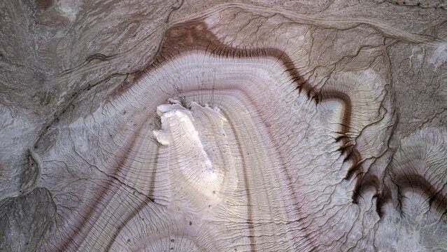 Aerial view of the unique geological rock formations and intricate erosion patterns of the desert landscape in the Mangystau Region, Kazakhstan.