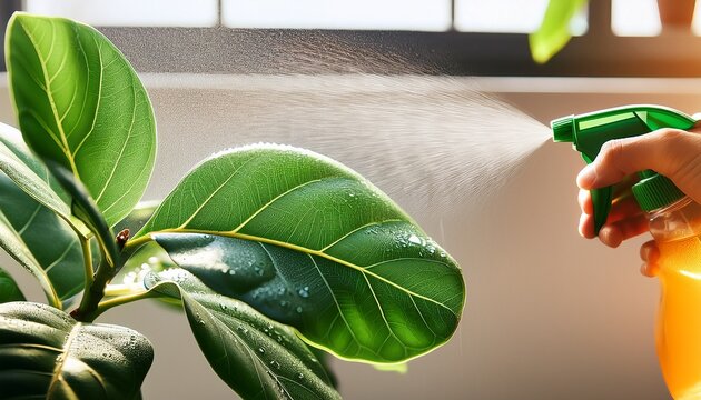 plant care techniques water droplets misting vibrant green fiddle leaf fig leaves from a spray bottle
