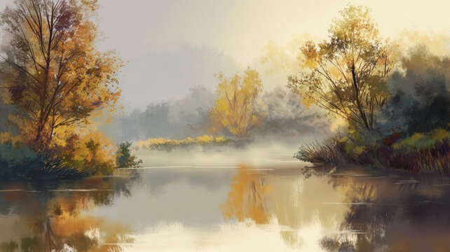 Painting of a beautiful hazy autumn landscape. Mist lingering above lake. Trees in fall colors and reflecting from calm water surface.