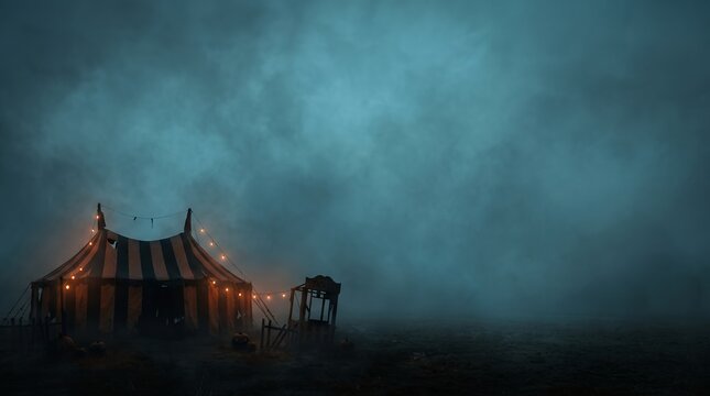 Halloween copy space background with mysterious striped circus tent, glowing string lights, and foggy field for autumn party flyers