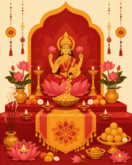 Obraz premium Lakshmi Puja Shrine with Gold Coins, Lotus Flowers and Diyas for Diwali