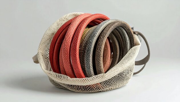 Woven basket filled with colorful coiled ropes and textured handles, arranged for display