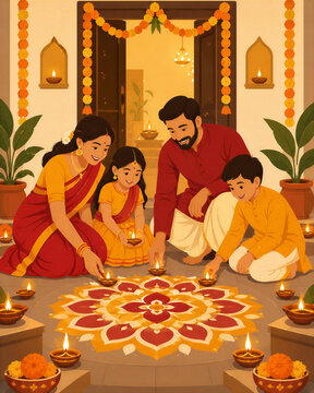 Indian Family Arranging Diyas Around Rangoli at Home for Diwali