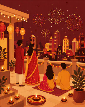 Indian Family Watching Diwali Fireworks from Decorated Rooftop at Night