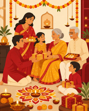Indian Family Giving Gifts and Sweets to Grandparents During Diwali