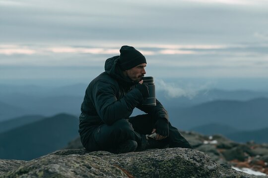 Mountain Top Pause: Hiker Sips Hot Beverage Amidst Majestic Views