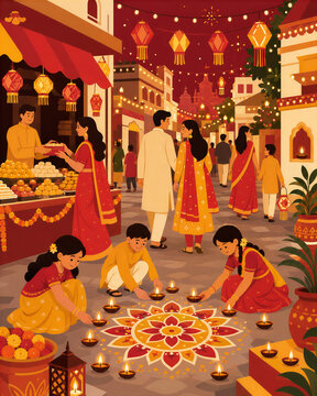 Busy Indian Diwali Market Street with Sweets, Lanterns, Rangoli and Diyas
