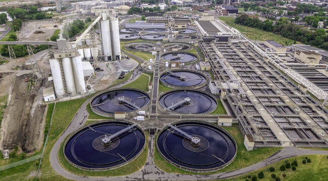 Aerial view of the Springfield Water Plant featuring large circular sedimentation tanks, industrial silos, and treatment infrastructure in Cedar Hill, Tennessee, United States.
