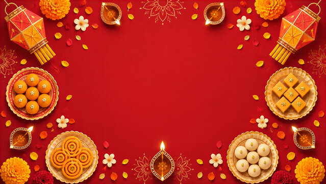 Red Diwali Background with Indian Sweets, Diyas, Lanterns and Copy Space