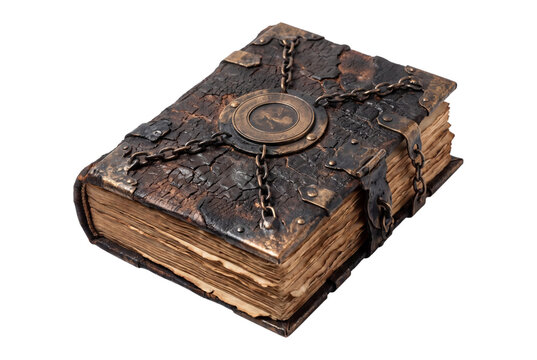 Antique chained book with metal clasp isolated on transparent background