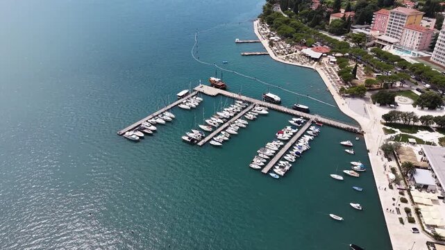 Flight over Portoroz marina and boats on Adriatic coast, Slovenia