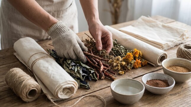 Hands sorting various dried herbs and flowers next to rolled canvas fabric and dye bowls