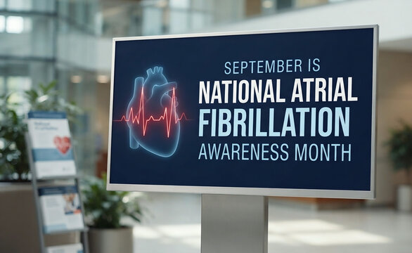 September is National Atrial Fibrillation Awareness Month digital hospital lobby informational sign with glowing heart rhythm