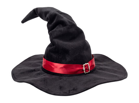 Black witch hat with red ribbon isolated on transparent background