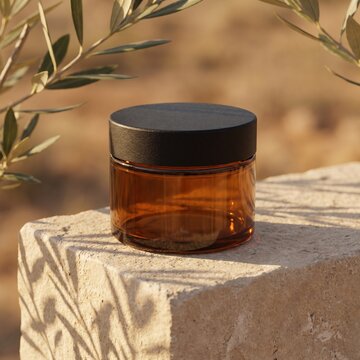 Luxury amber glass cream jar with botanical shadows