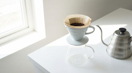 Fototapeta premium Minimalist Pour Over Coffee Brewing Process Clean. Single pour over coffee dripper with filter and glass carafe on white counter, clean minimal composition bright light
