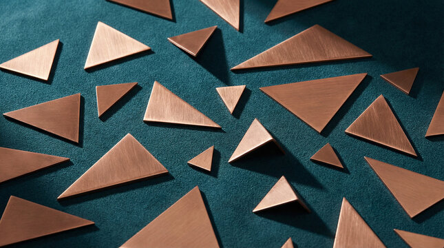 Geometric Copper Triangles on Teal Minimalist Pattern. Metallic copper triangular shapes scattered on deep teal surface, sharp shadows and clean lines