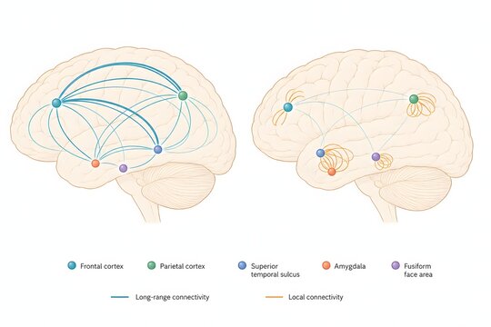 Autism spectrum brain connectivity diagram, ASD neurology medical illustration comparing neurotypical vs ASD patterns showing reduced long-range and enhanced local connections.
