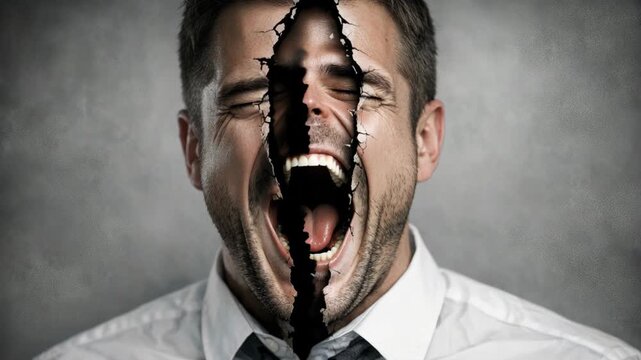 A man in distress with an expressive face conveying anger and sadness.