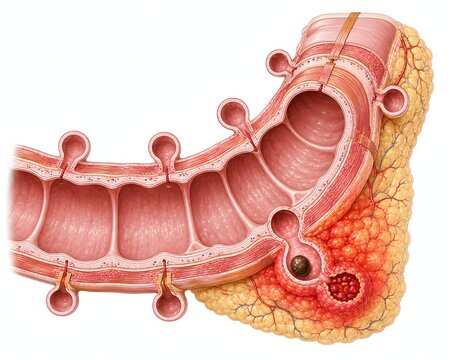 Diverticulitis colon diverticula anatomy diagram, gastroenterology medical illustration showing diverticulitis with inflamed diverticulum, fecalith, pericolic inflammation and colon wall anatomy.