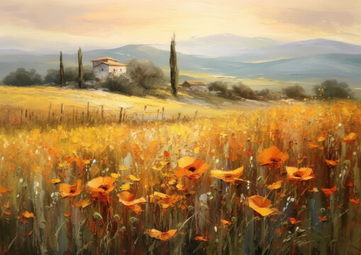 Oil painting of colorful tuscany flower field. Landscape painting on canvas. Heavy brushstrokes.